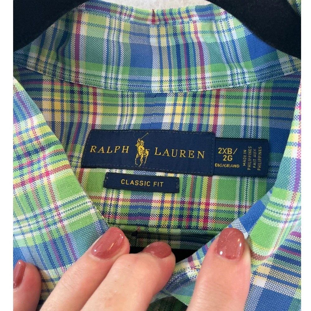 Ralph Lauren Button Down Shirt Mens 2XB Green Blue Plaid Classic Fit Long Sleeve